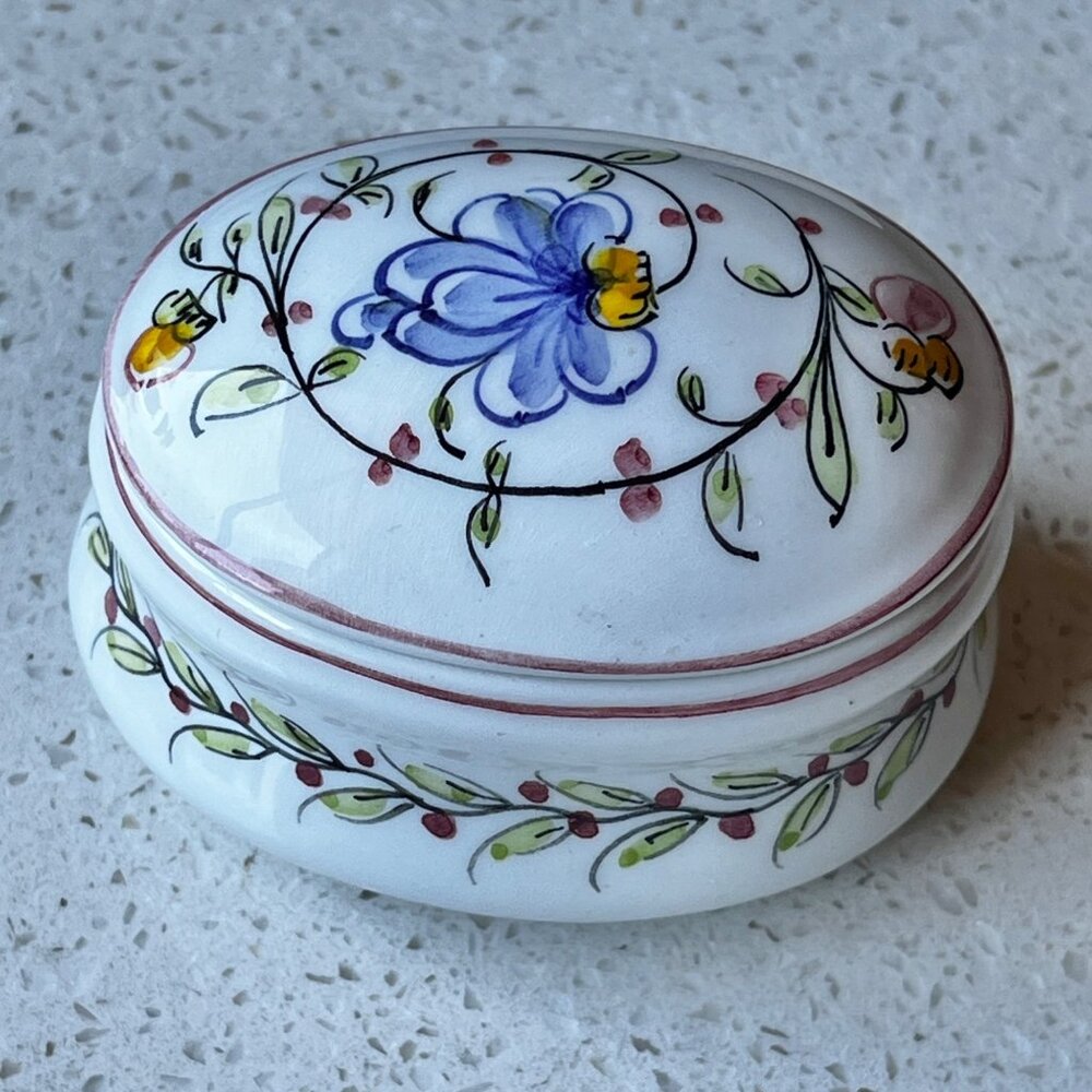 Hand Painted Águeda Portugal Ceramic Trinket Box Floral Design